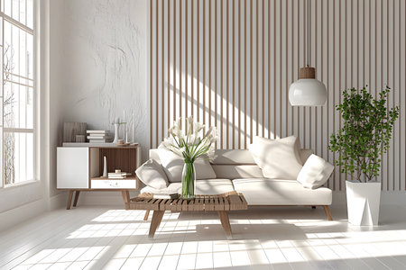 interior with white sofa, bookshelf and plantの素材
