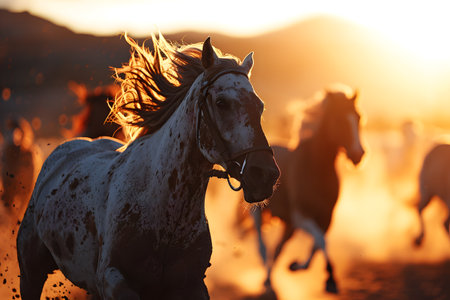 Beautiful horses running in the meadow at sunset. Horses in motionの素材