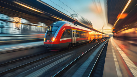 Modern high speed train moves at high speed. Blurred motionの素材