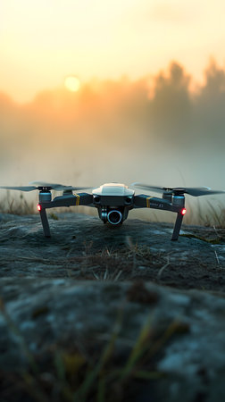 Drone with digital camera flying over foggy field at sunriseの素材