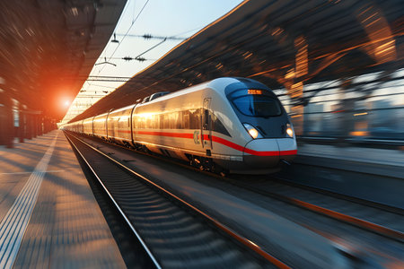 High speed train in motion on the railway station at sunsetの素材