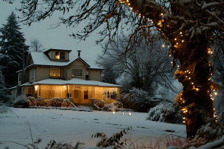 Winter house with Christmas lights in the snowy forest. Winter landscapeの素材