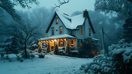Beautiful house in winter forest at night with snow covered treesの素材