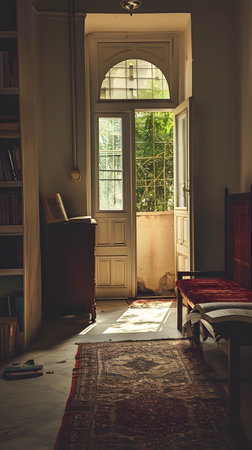 Interior of a room in an old house with a window and a bookcaseの素材