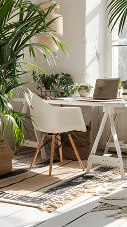 Interior of modern living room with wooden furniture, plants and laptopの素材