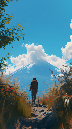 Hiker with backpack on the trail leadingの素材