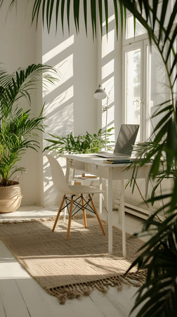 Laptop on table in modern room with plants and window with sunlightの素材