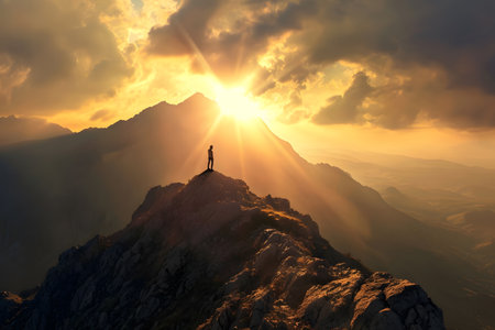 Silhouette of a man standing on top of a mountain and looking at the sunsetの素材