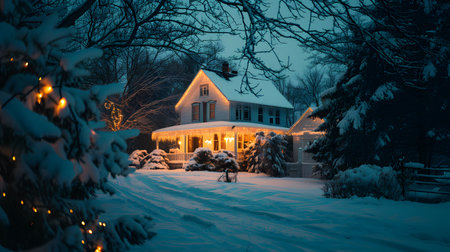 Winter night house covered with snowの素材