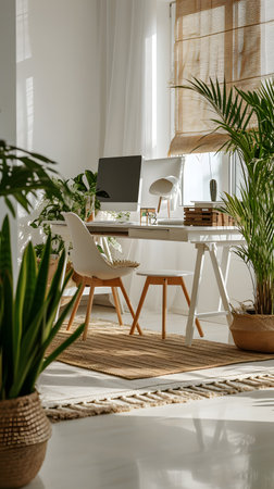 Luxury workplace in modern office. Workplace with computer and plantsの素材