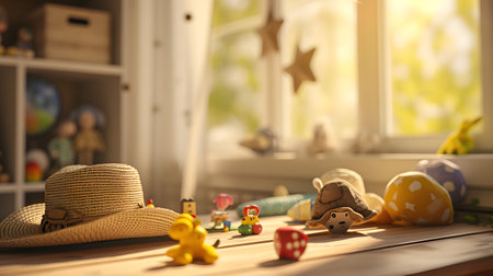 Wooden table with different toys on blurred background with copy space for textの素材