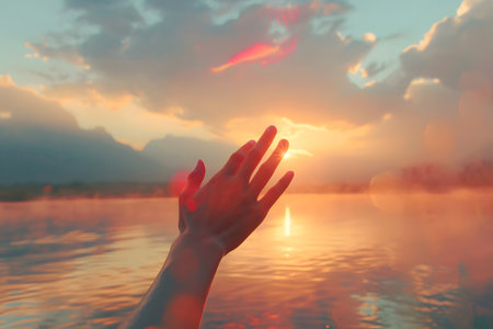 Silhouette of woman hands in water on sunset sky backgroundの素材