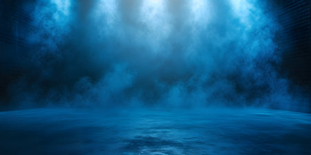 Dark street, wet asphalt, reflections of rays in the water. Abstract dark blue background, smokeの素材