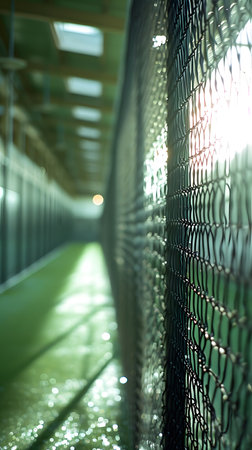 Tennis court with netting and light bokeh backgroundの素材
