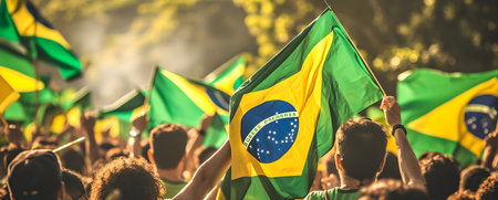 Group of people with brazilian flag waving in the airの素材