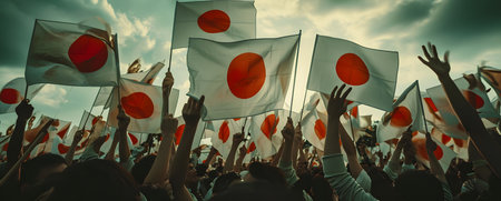 Group of people waving the national flag of Japan in the airの素材