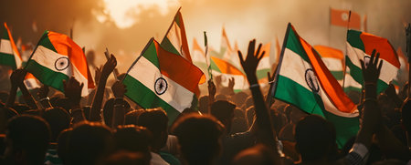 Crowd of people with the national flag of the Republic of India at sunsetの素材