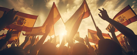 Silhouettes of people waving spain flagsの素材