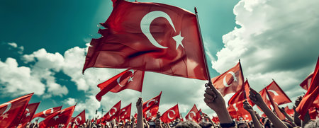 Many people waving the flags of Turkey on the background of the cloudy skyの素材