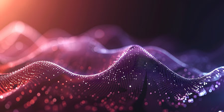 abstract purple particles form line and surface grid with depth of field and bokehの素材