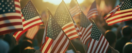 Group of people with american flags in the sunsetの素材