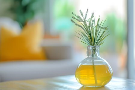 Bouquet of grass in vase on table in living roomの素材