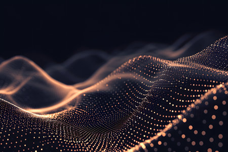 Data technology shape with connecting orange dots and lines on dark backgroundの素材