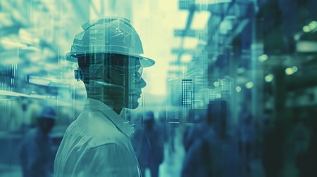 Double exposure of Engineer or architect working on construction site. Industrial and engineering conceptの素材