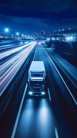 Blue toned truck on the highway at night with motion blurの素材