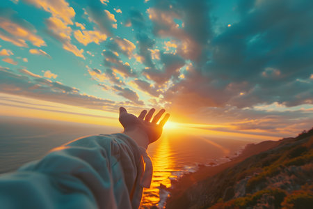 Hands on background sea and sunsetの素材