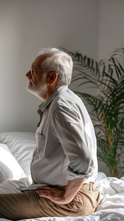 Elderly man suffering from back pain sitting on bed at homeの素材