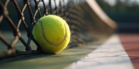 Tennis ball on tennis court. Selective focus and shallow depth of fieldの素材