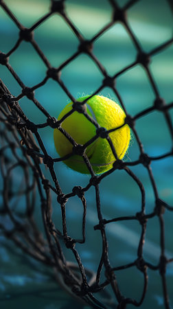 Tennis ball in net on the tennis courtの素材