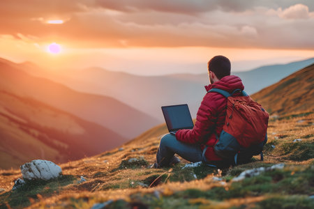 Young man with a backpack sitting on the top of a mountain and working on a laptop at sunsetの素材