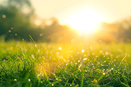 Morning dew on the green grass with sun rays. Nature backgroundの素材