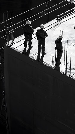 Construction workers on a building construction site. Black and white photoの素材