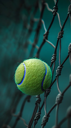Close up Tennis ball on a tennis netの素材