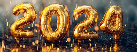 Happy New Year 2024. Gold foil balloon numeral backgroundの素材