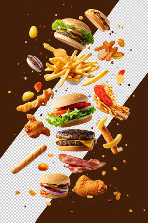 Fast food collage with flying hamburgers and french friesの素材
