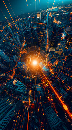Abstract city and high rise buildings at night. Concept of business and technologyの素材