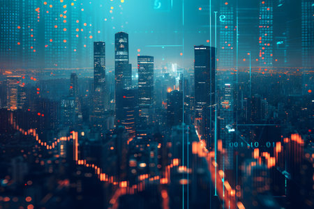 Double exposure of business chart and cityscape background. Financial and stock market conceptの素材