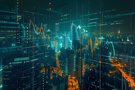 Futuristic cityscape with glowing forex chartの素材