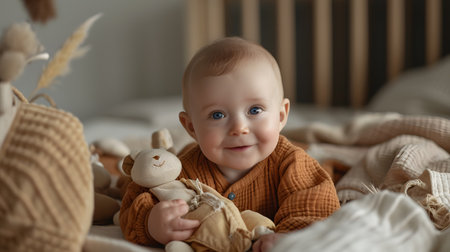 Cute baby boy playing with toys on the bed at homeの素材