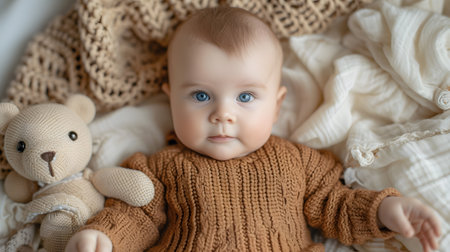 Cute little baby boy in knitted sweater with teddy bearの素材