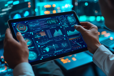 Business, Technology, Internet and network concept. Young businessman working on a tabletの素材
