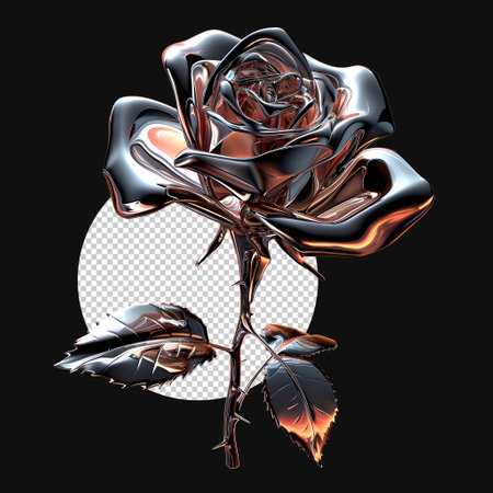 3D rose icon created from metallic chrome liquid materialの素材