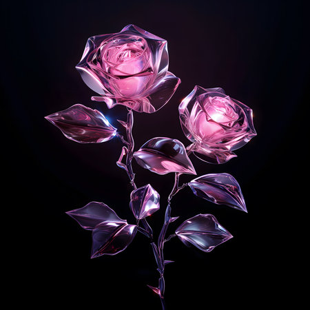 Glow glass pink rose isolated black backgroundの素材