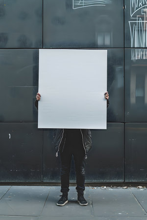 Man holding a blank sign in front of a wall with copy spaceの素材
