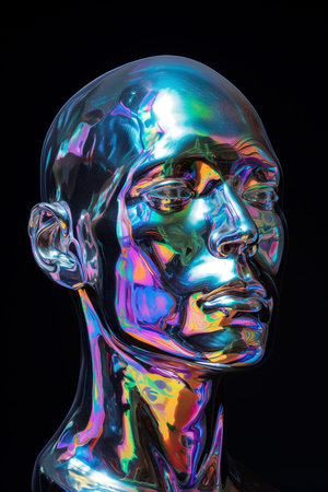 holographic metallic chrome no gender bald sculpture isolated on black backgroundの素材
