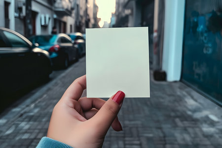 hand holding blank paper sheet on city street background. Mockupの素材